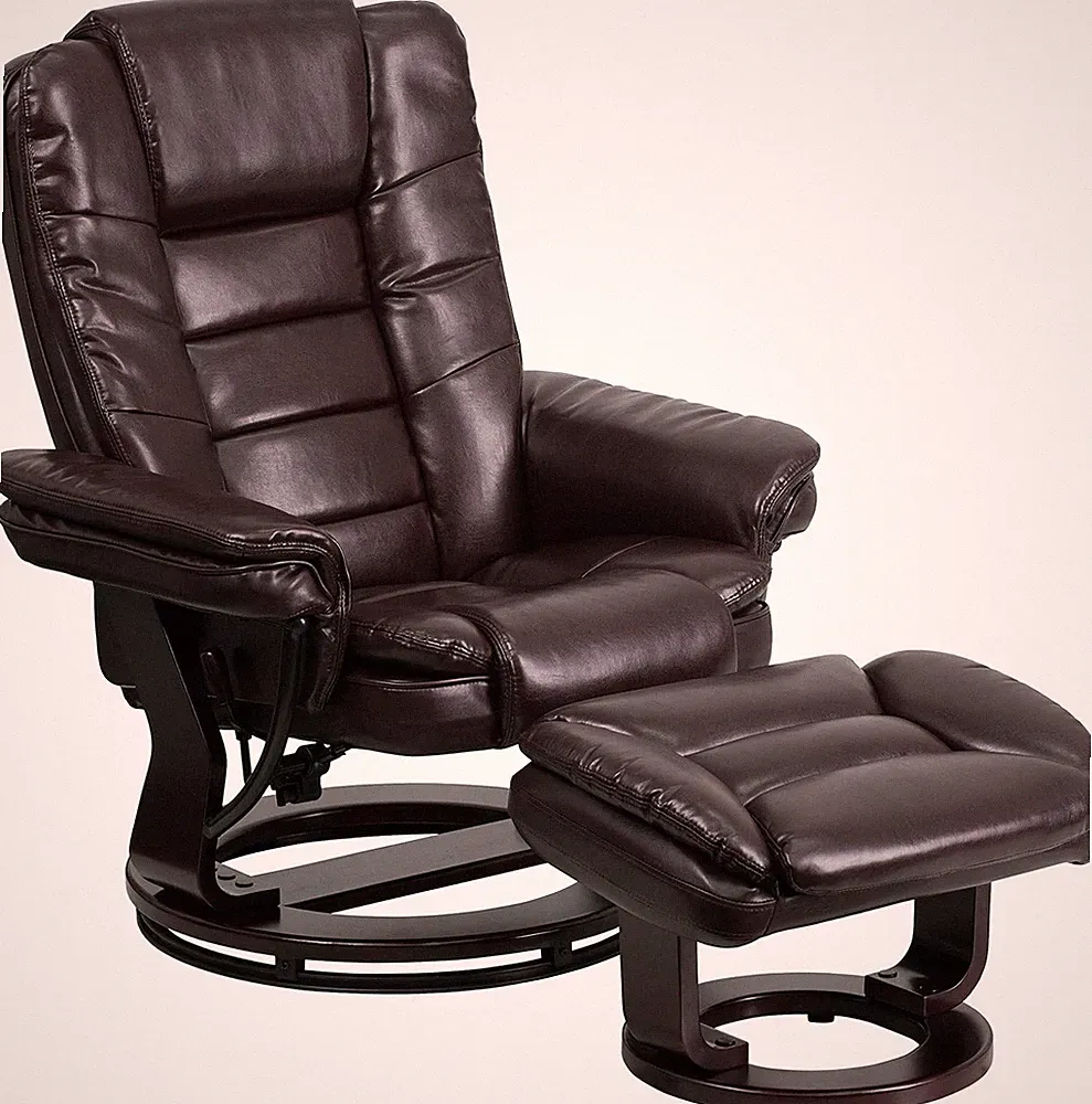 Bali Brown Multi-Position Leather Recliner Chair & Ottoman Set, 360° Swivel