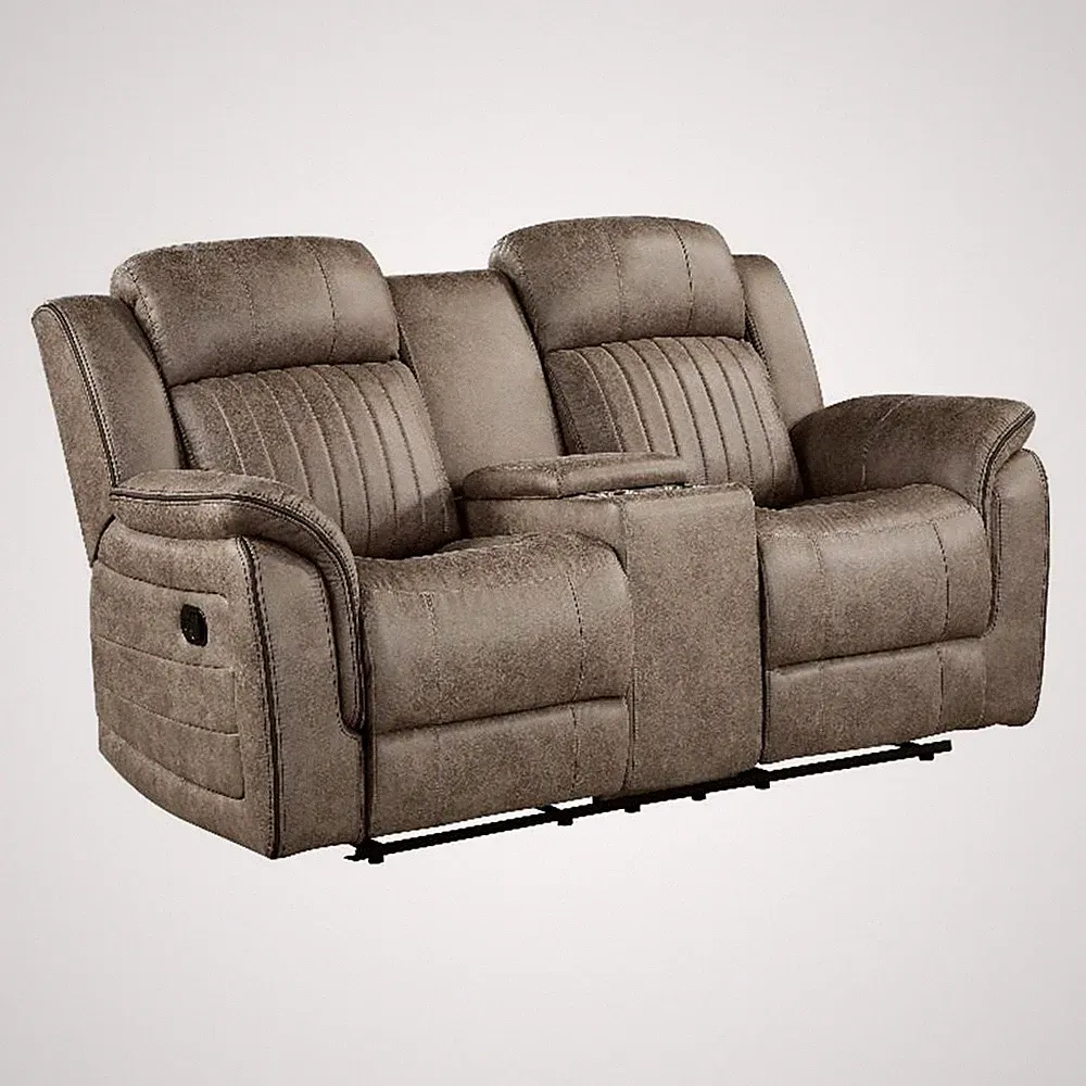 Bento 74 Inch Manual Recliner Loveseat- Console- Sandy Brown Microfiber