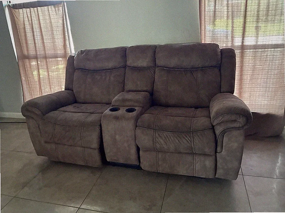 Brown Microfiber Recliner Loveseat Sofas, with central charging console.
