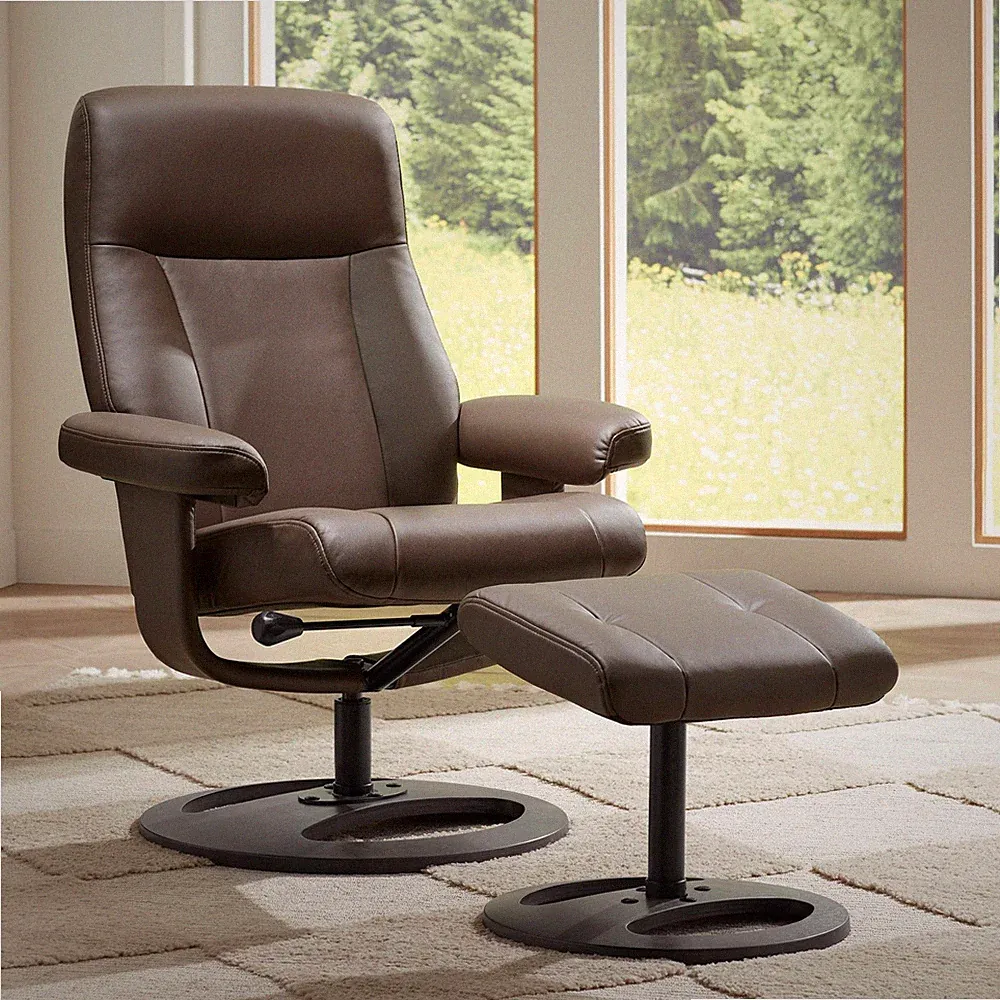 Bruce 31" Wide Chocolate Faux Leather Swivel Recliner and Ottoman