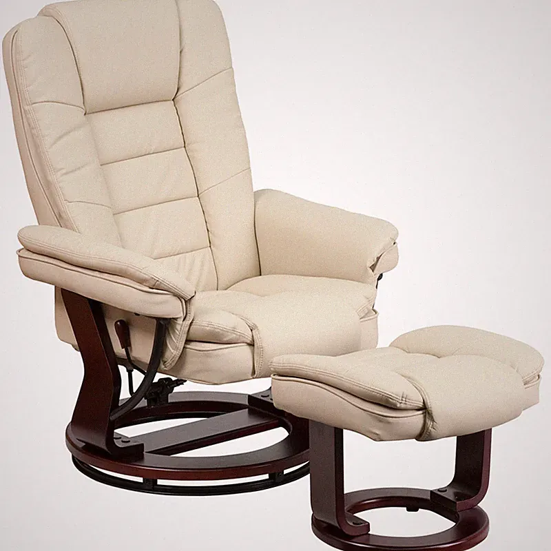 Contemporary Beige Leather Recliner and Ottoman w/ Swiveling Mahogany Wood Base