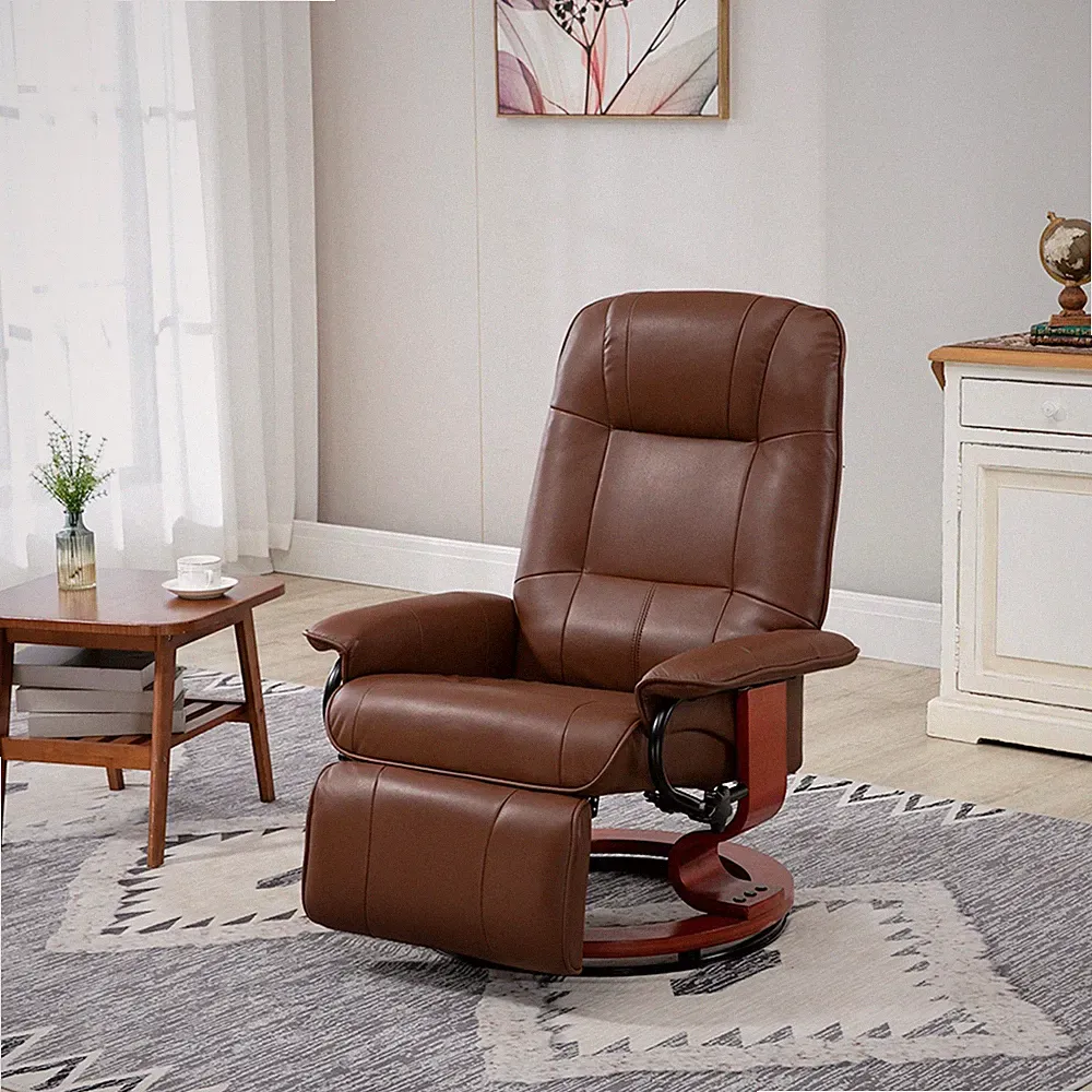 Faux Leather Manual Recliner with Swivel Wood Base, Brown