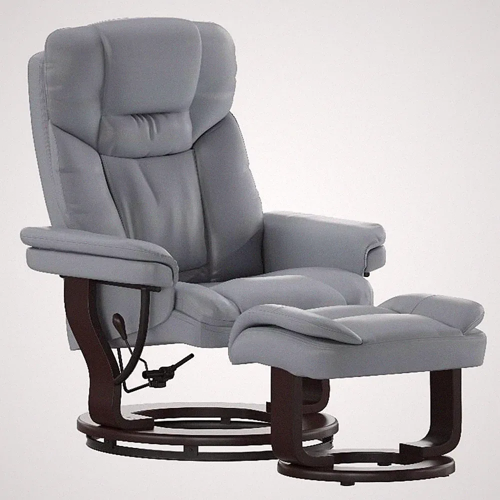 Gray LeatherSoft Multi-Position Recliner &Curved Ottoman w/Mahogany Wood Base