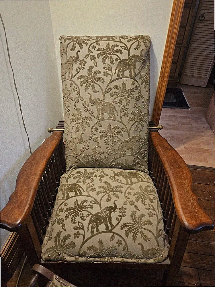 High Back Upholstered Wood Armchair w/ Arms + Ottoman, Beige/Brown Tropical