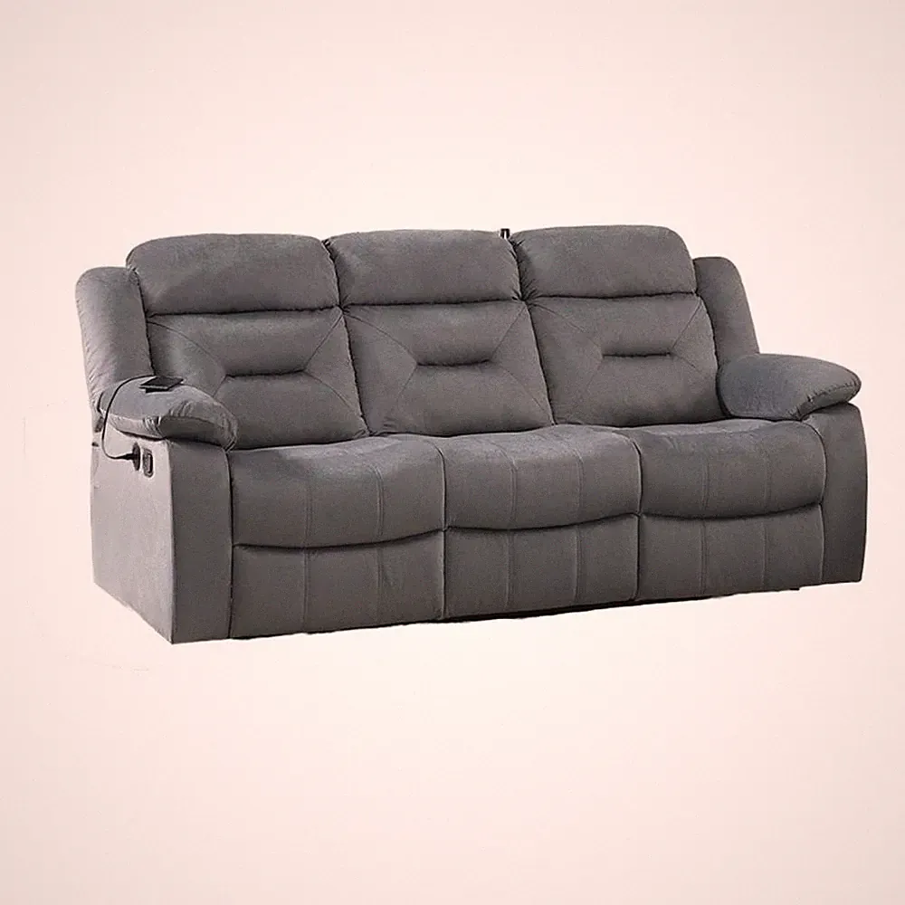 Niko Manual Recliner Sofa- Light Gray Velvet- Solid Wood- 83 Inch