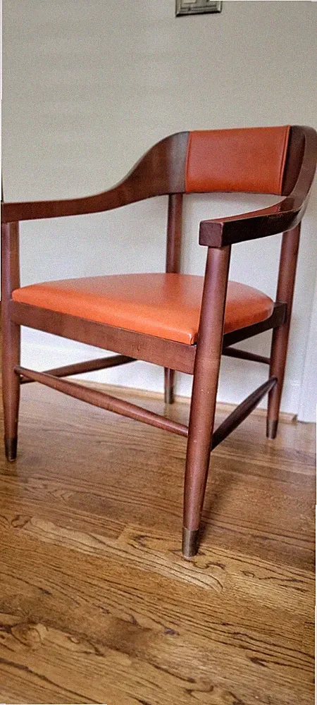 Wooden Armchair Orange Leather Brass Feet Cushion Lounge Modern 32 Inch Tall